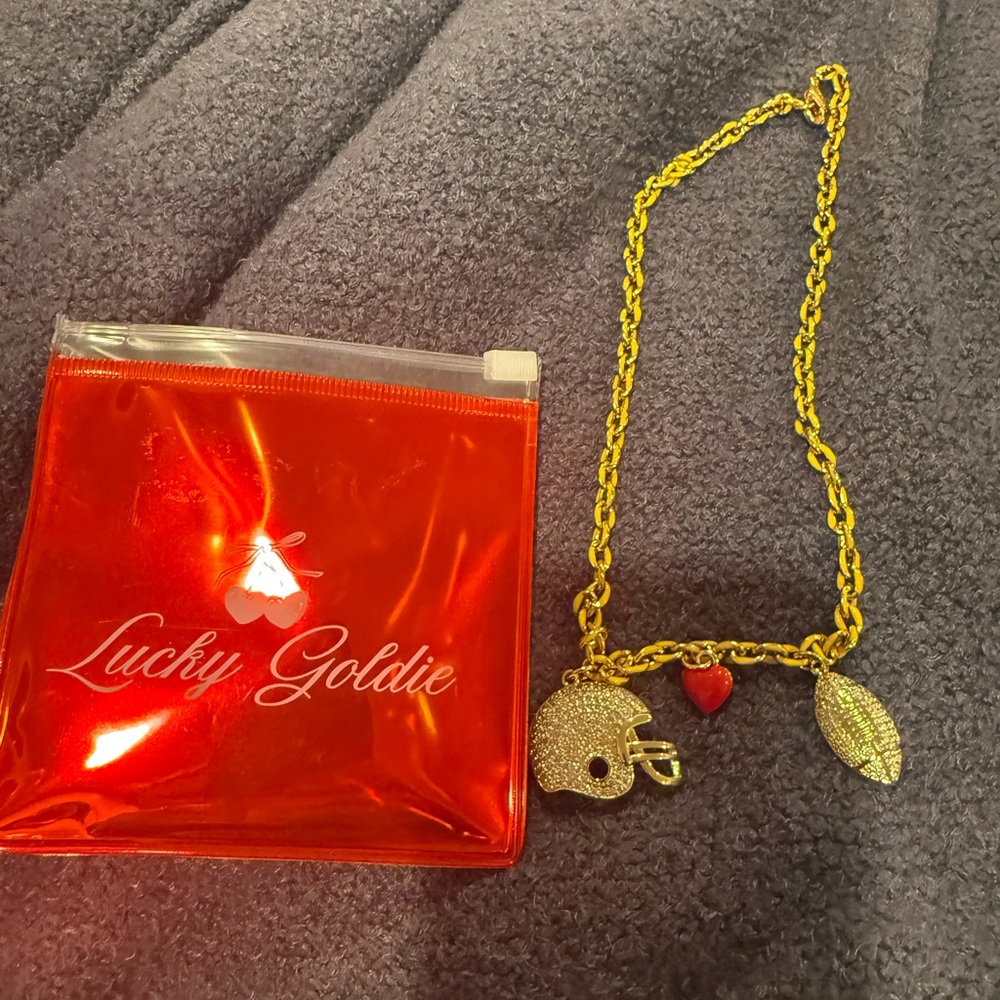 Lucky Goldie Gold Chain Charm Necklace with Red Heart & Football
